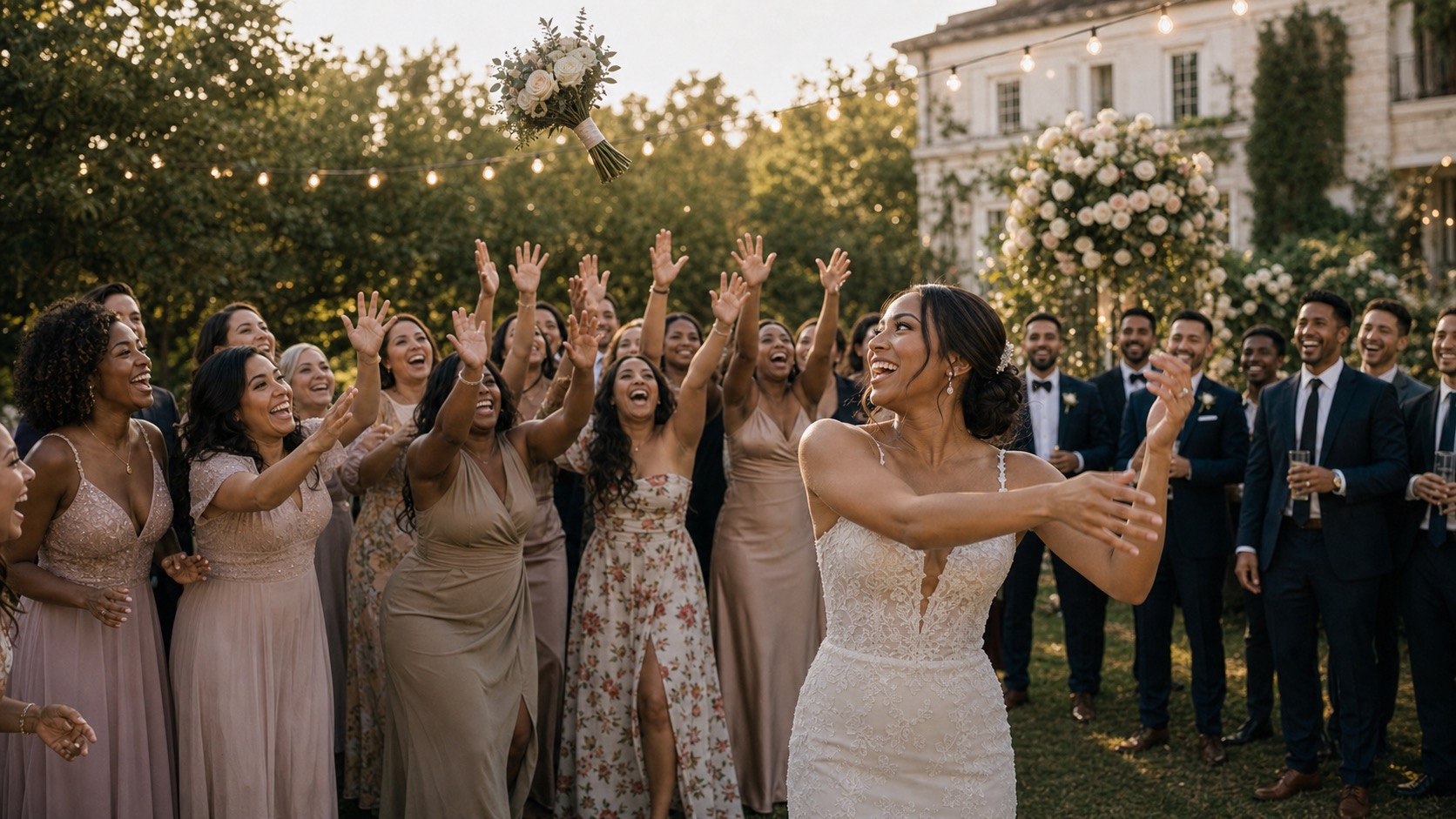 Emily throwing her bouquet to wedding guests