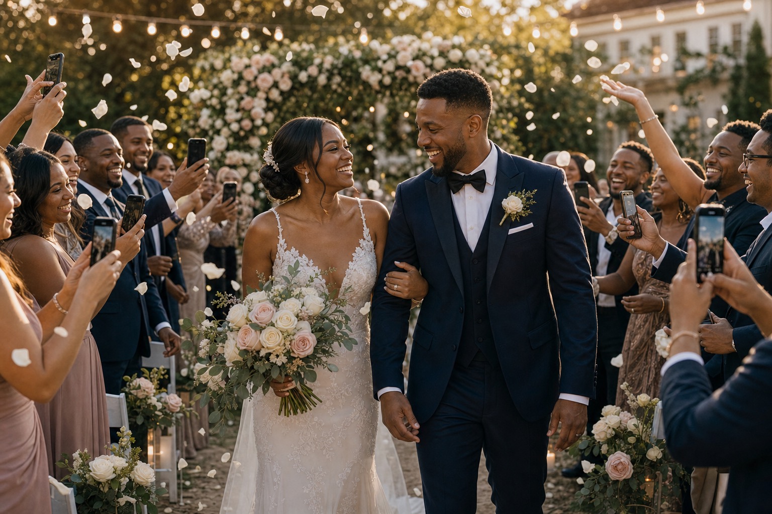 Emily and Jonah walking through guests after their ceremony