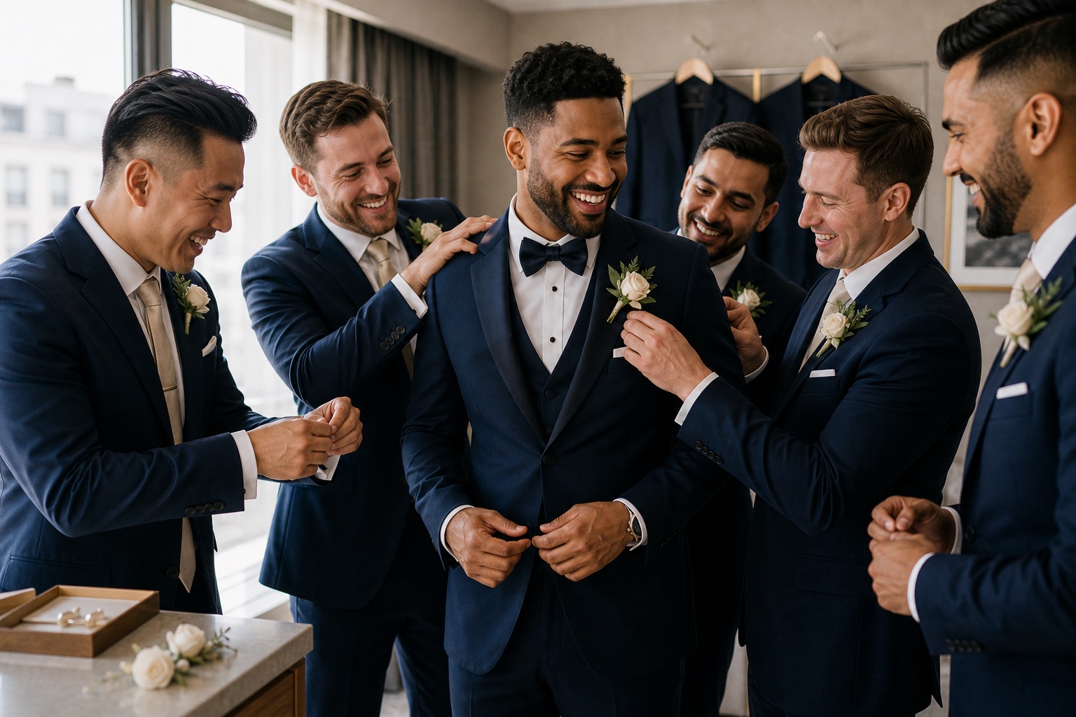 Jonah getting ready with his groomsmen