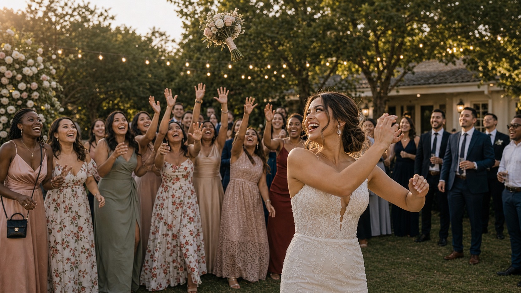 Bouquet toss moment with guests reaching for the bouquet