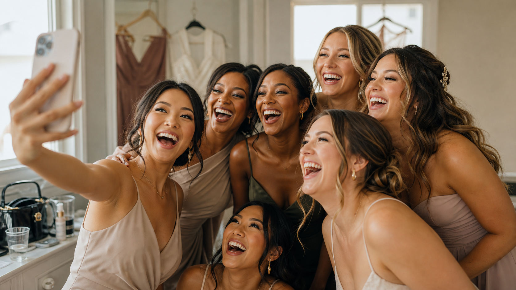 Bridesmaids laughing together while taking a selfie