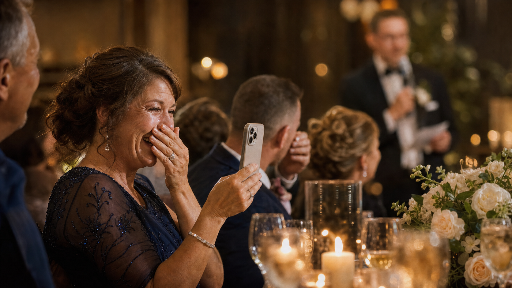 A guest capturing an emotional wedding speech on a phone