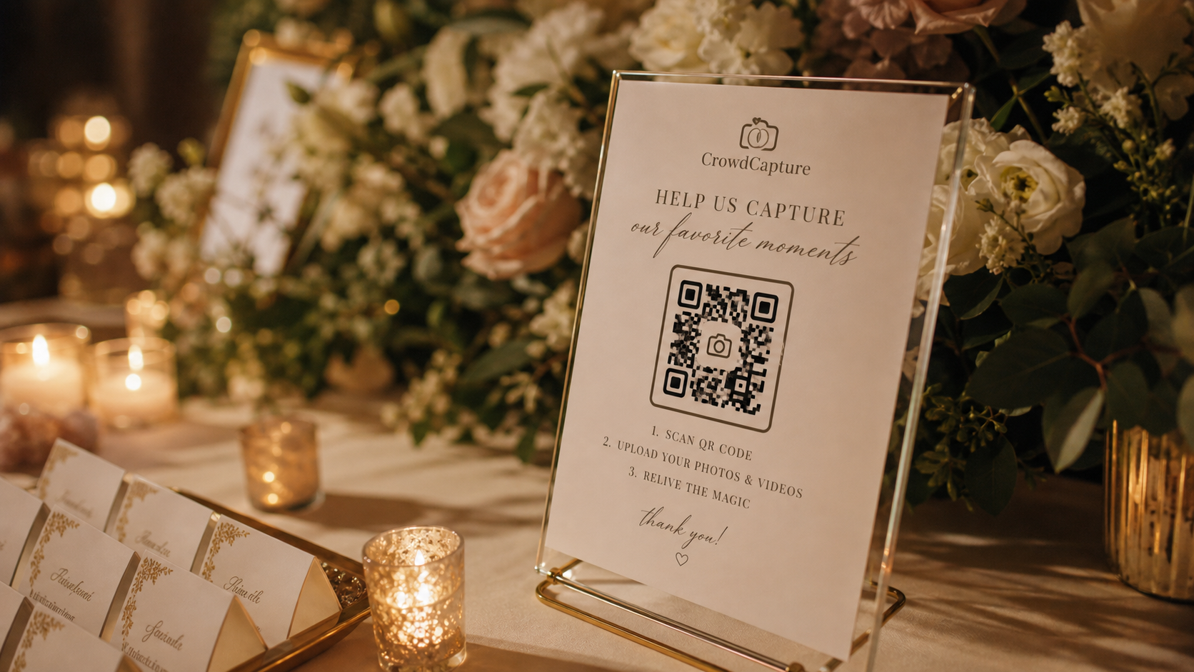 CrowdCapture QR code sign on a candlelit wedding reception table