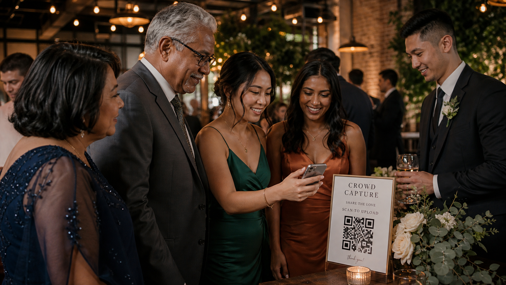 Wedding guests scanning a QR code to upload photos