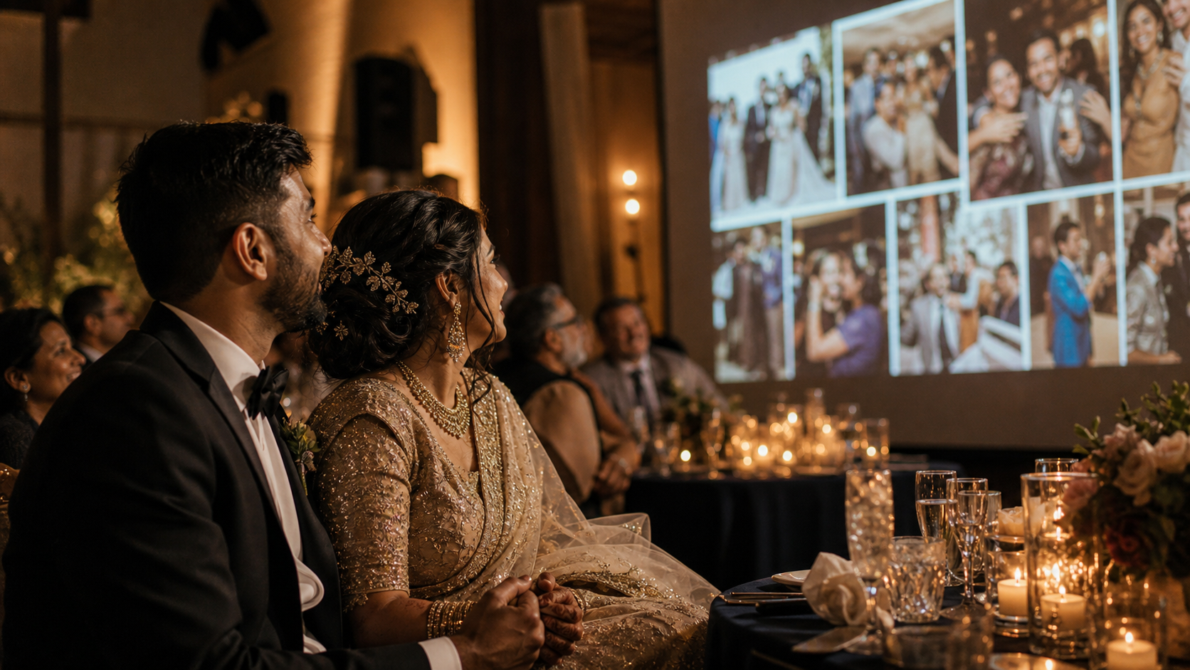 A couple watching their wedding slideshow projection