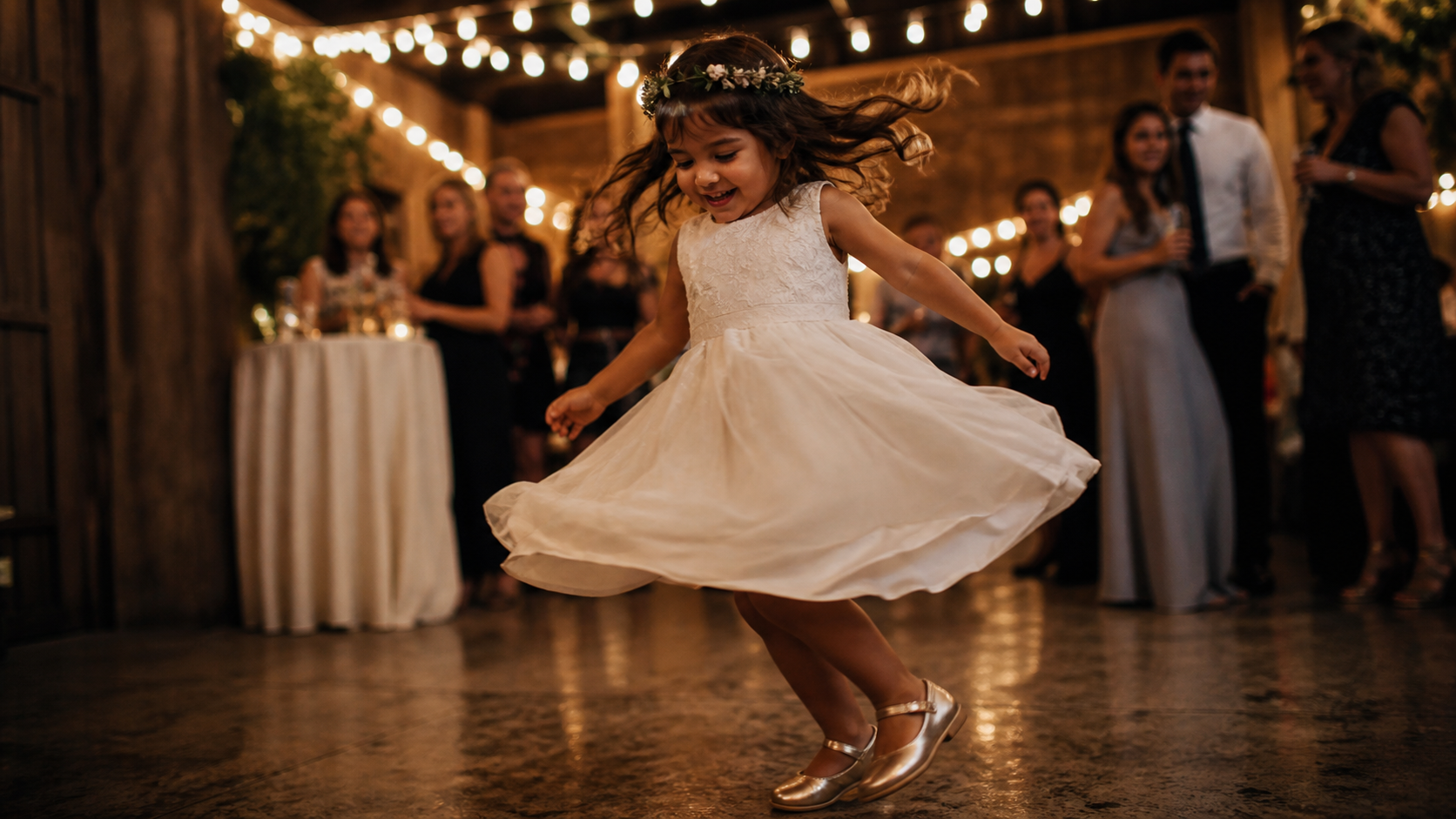 A flower girl dancing alone at a wedding reception