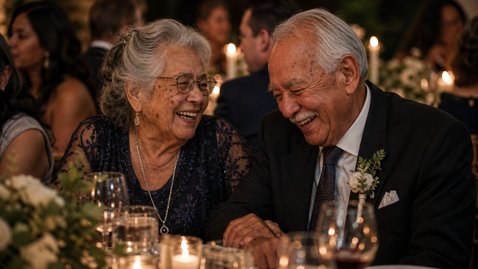 Grandparents laughing together at a reception table