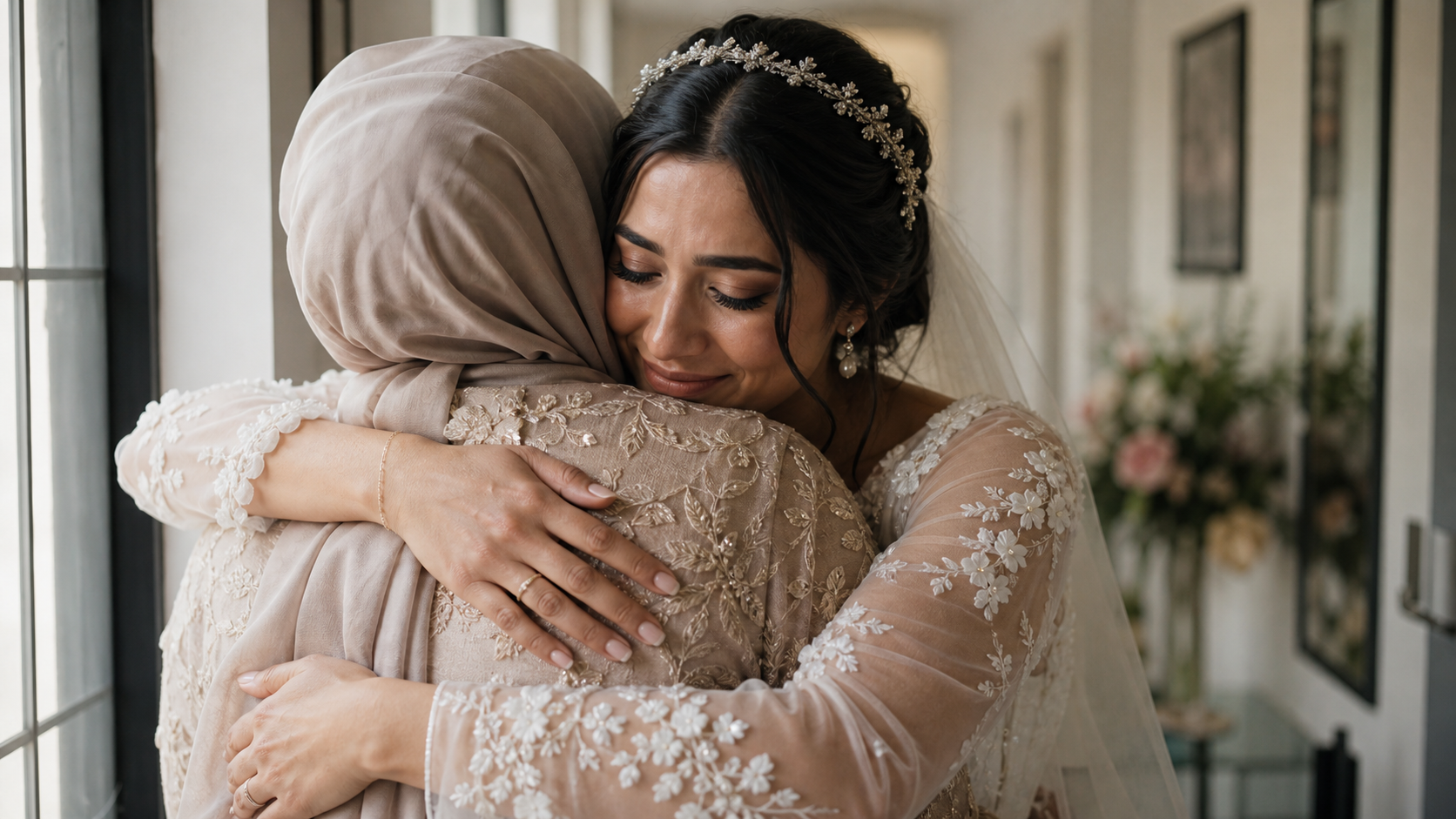 Signature moment: bride sharing a private hug with a parent