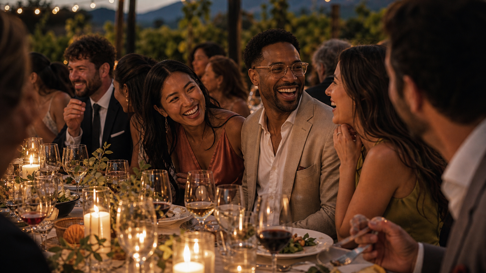 Guests laughing together during wedding dinner