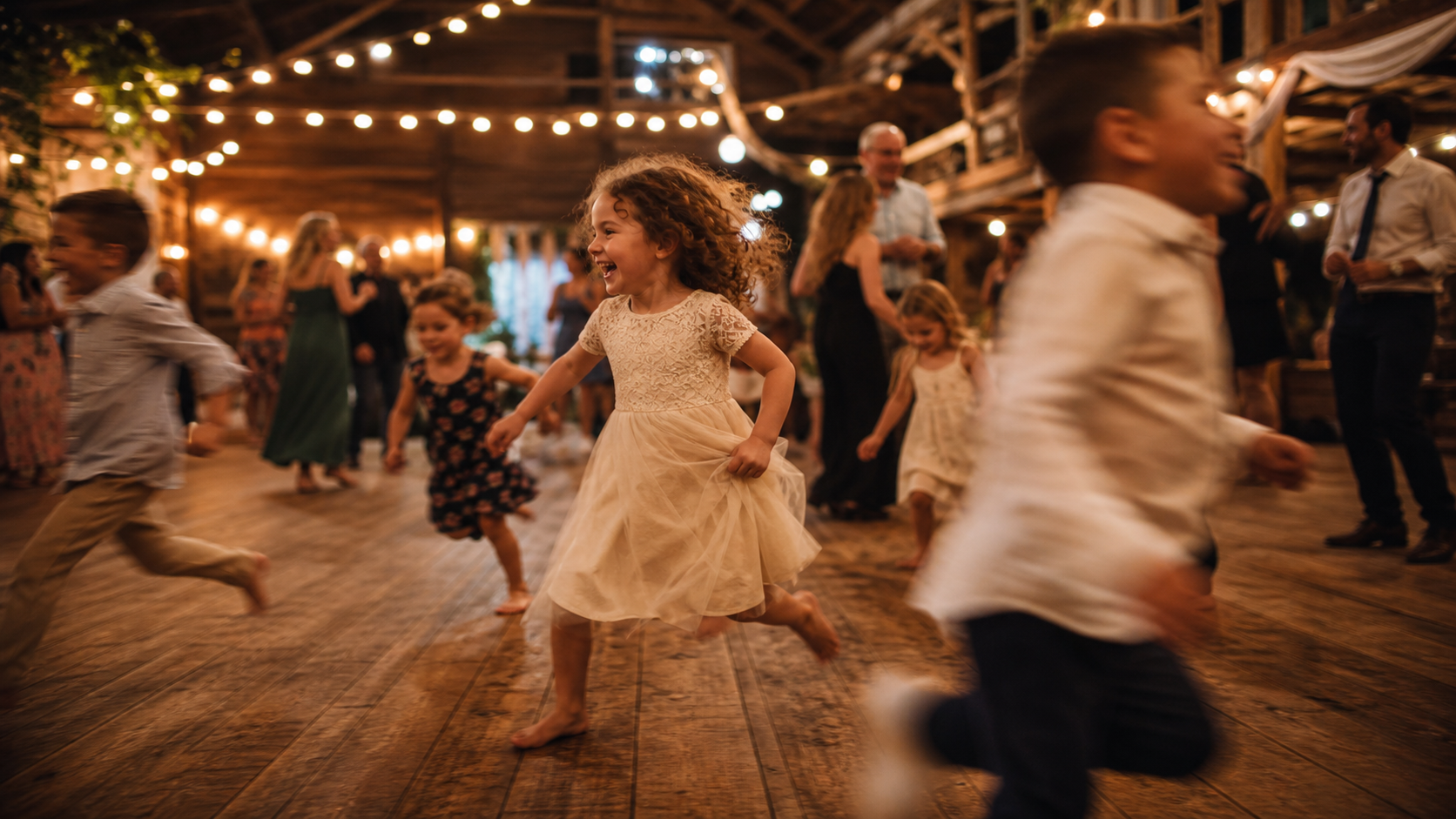 Kids running across the wedding dance floor